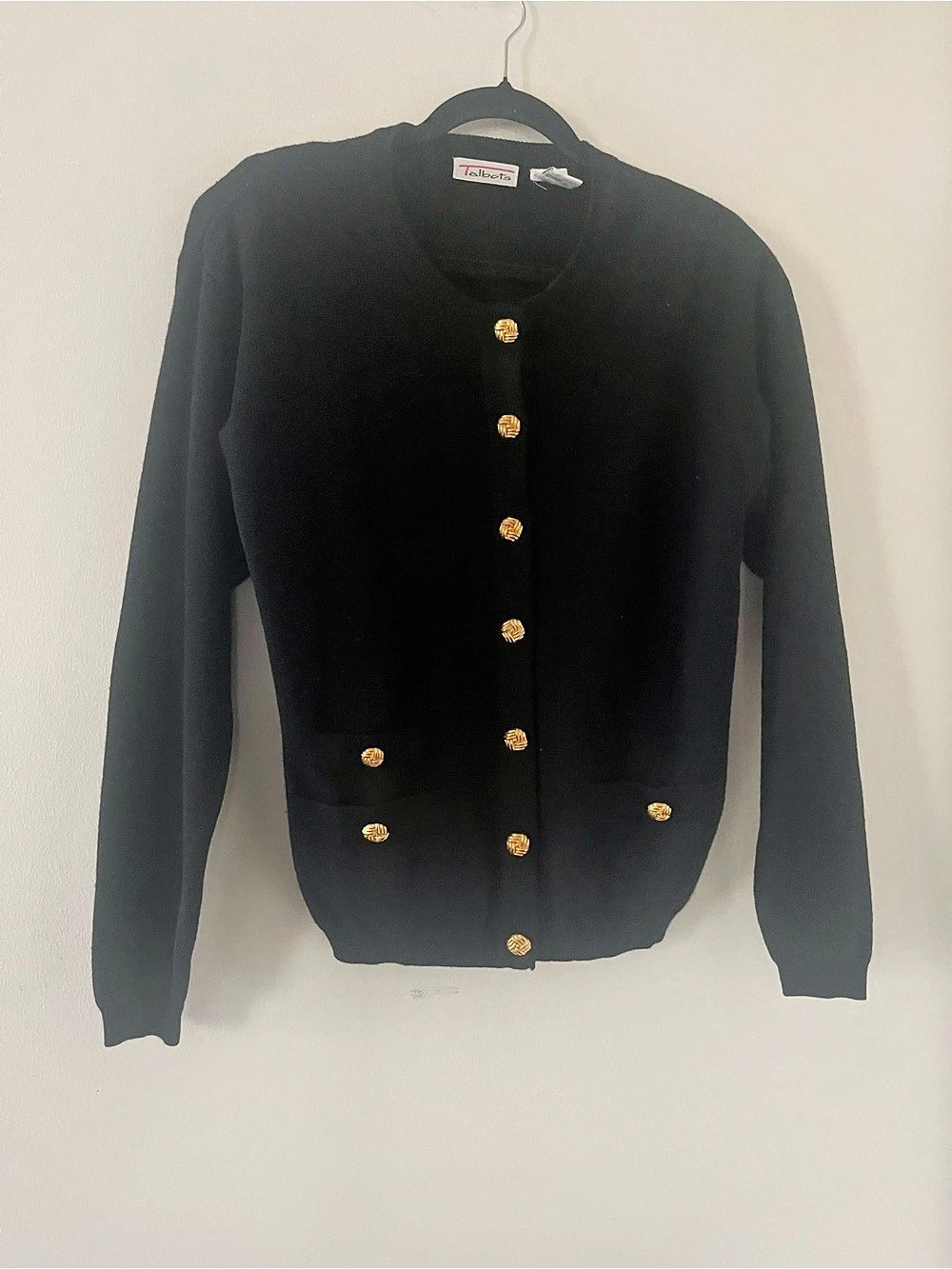 Vintage Talbots 100% Wool Black Gold Button Cardigan Sweater Medium Quiet Luxury